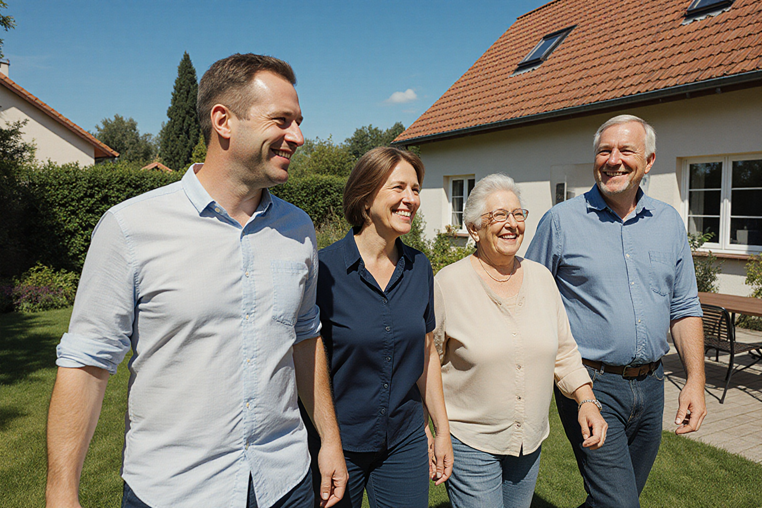 Gemeinsamer Rundgang am Haus mit Terrasse und Garten